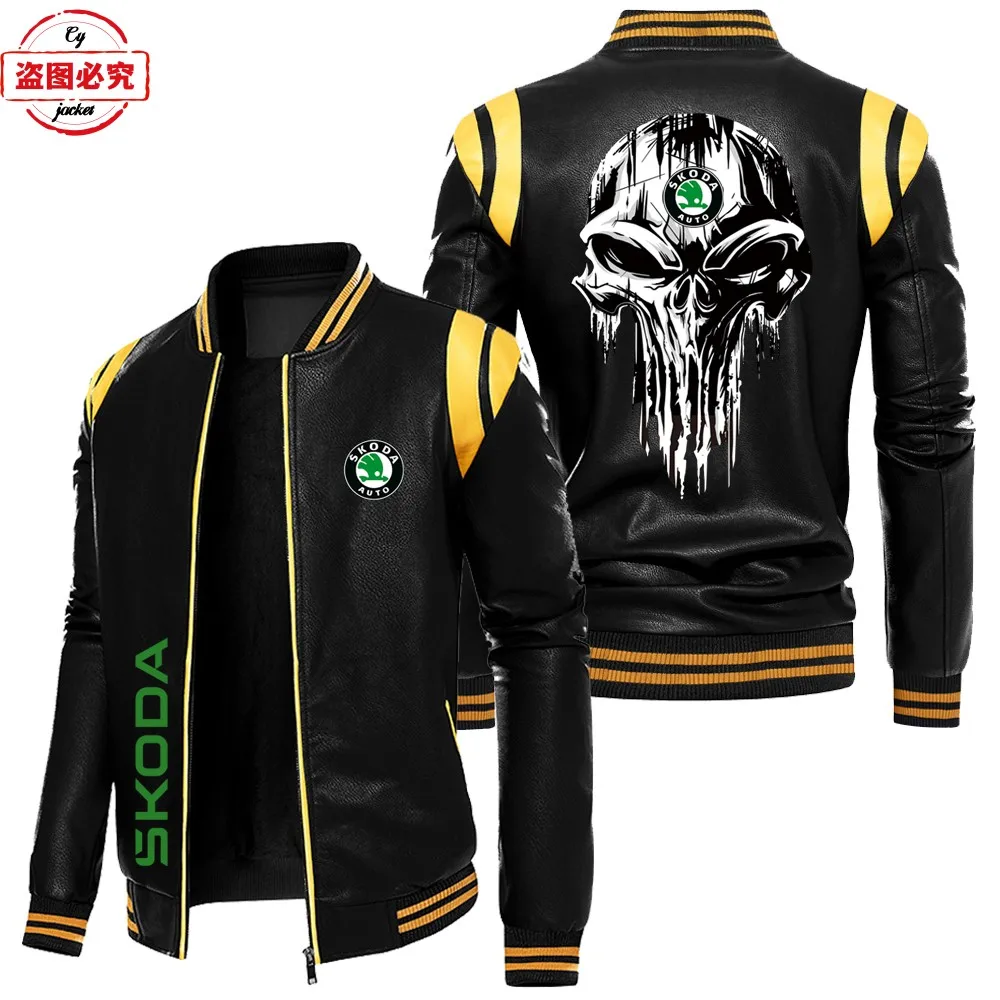 WRC rally Skoda racing car logo pu leather jacket men's autumn and winter velvet skoda car logo jacket