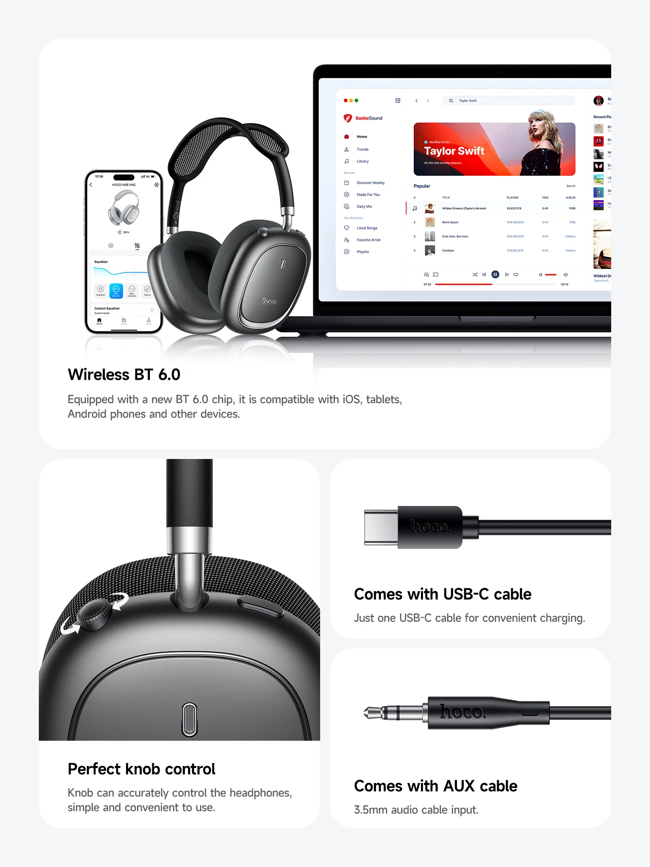 HOCO W68 ANC Geräuschunterdrückende Bluetooth 6.0 Kopfhörer Kabellose Headsets mit App-Steuerungsfunktion und Mikrofon für Telefonanrufe – Detail 8