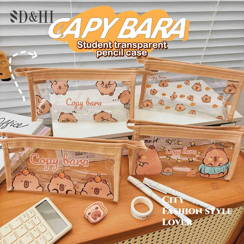 Portable Fashion Pencil Bag Cute Cartoon Capybara Large Capacity Stationery Storage Bag Transparent Zipper Students Pencil Case