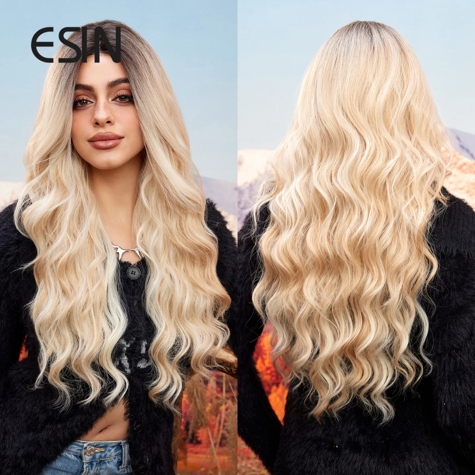 

Emmor Synthetic Long Wavy Wigs with Bangs for Women Cosplay Natural Ombre Black to Light Blonde Hair Wig High Temperature Fiber