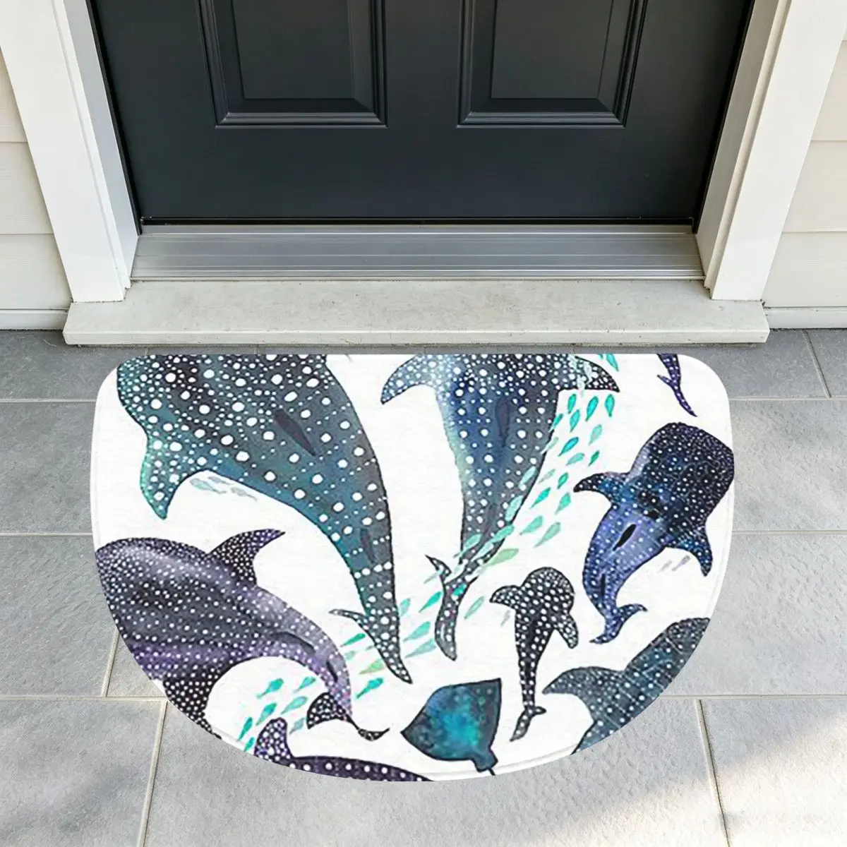 Whale Shark, Ray And Sea Creature Play Flannel Half Round Doormat Non Slip Bathroom Mat Absorbent Floor Carpet for Laundry Room