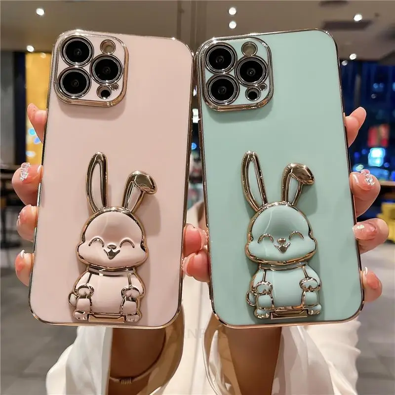 Luxury Plating Rabbit Holder Case For Iphone 15 14 12 13 Pro Max Mini 14pro X Xs Xr Iphone14 Plus Silicone Stand Cover Se 2022