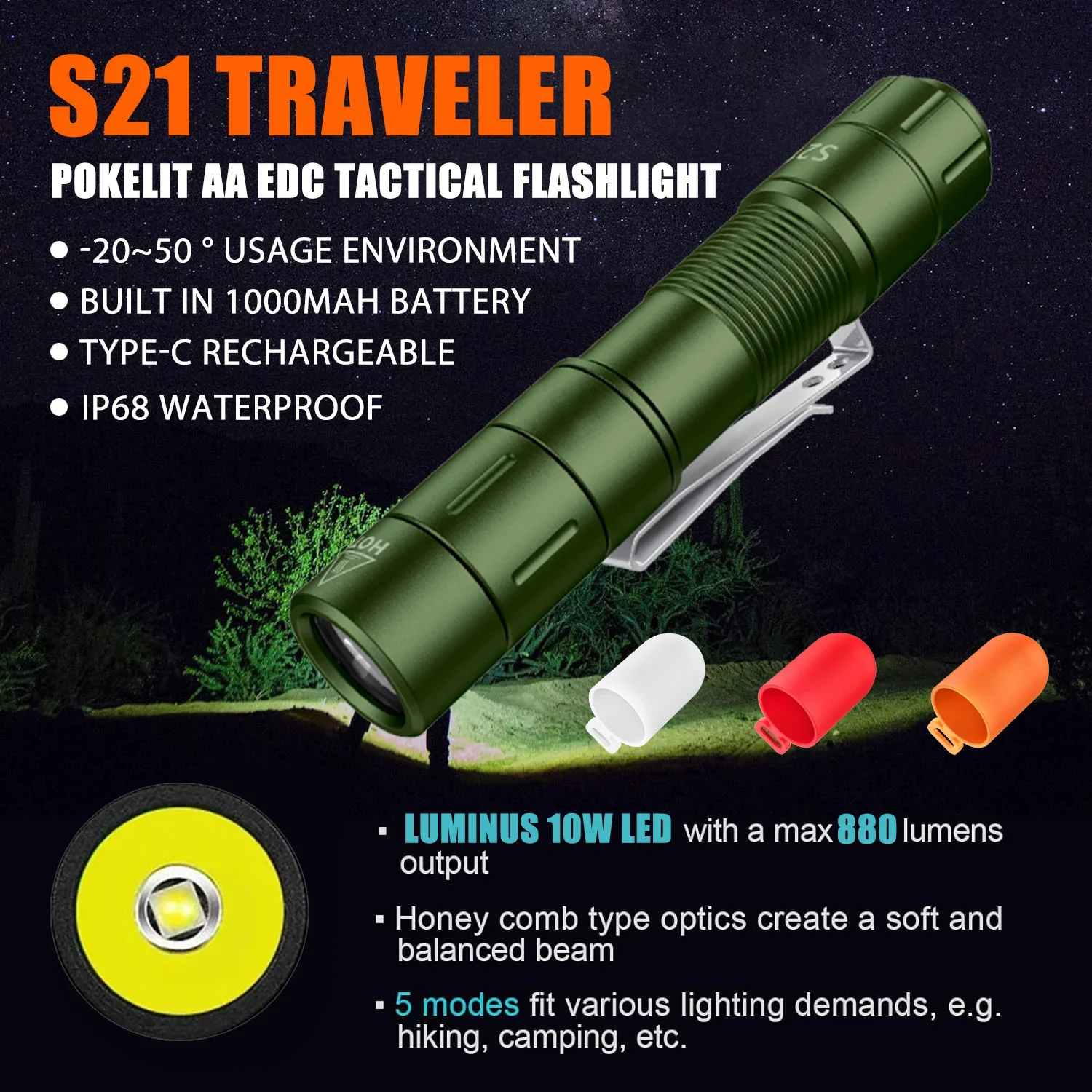 S21 Traveler Pokelit AA Rechargeable Mini Flashlight with Magnetic Tail 880LM IP68 Waterproof Torch for Camping Hiking Emergency