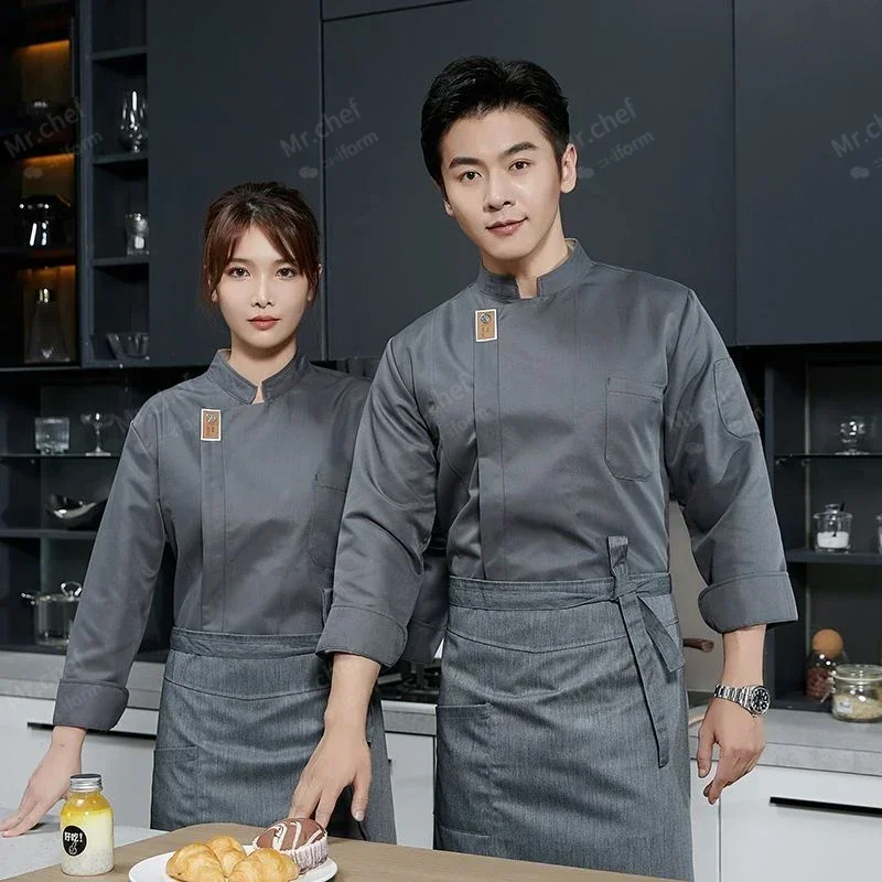 grembiule da giacca da cuoco bianco da uomo a maniche lunghe uniforme da cuoco cappotto nero camicia da cuoco traspirante ristorante abiti da lavoro da cucina logo da donna