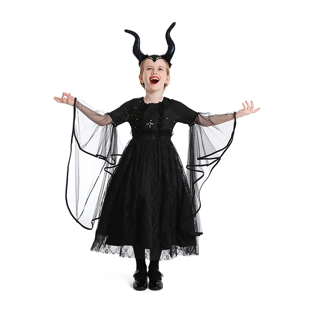 Disguise Gothic Devil Daemon Cosplay Child Girls Black Dress With Horns Stage Performance Costume Role Play Fancy Party Cloth