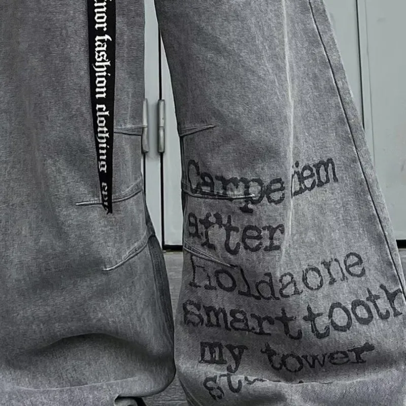 ANJY خريف جديد الأمريكية خمر العصرية خطابات طباعة المد الدنيم السراويل للجنسين فضفاض ملابس الشارع الشهير شيك واسعة الساق الجينز A15407