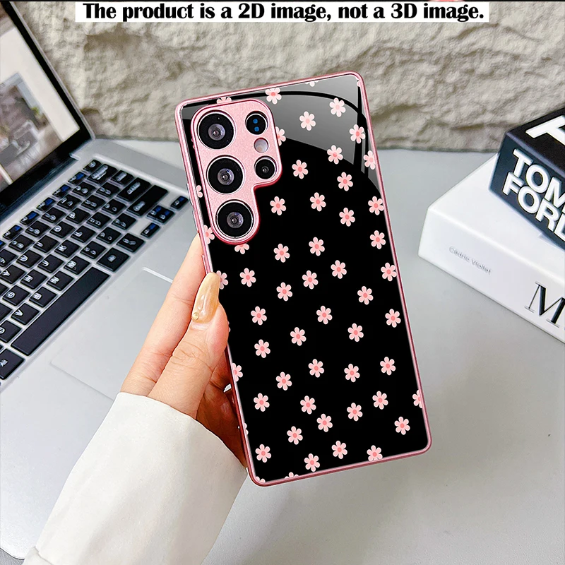Pink Floral Scatter Dot Case,2D Print Base Glass Cover for Samsung S/A Series,Shockproof Shell