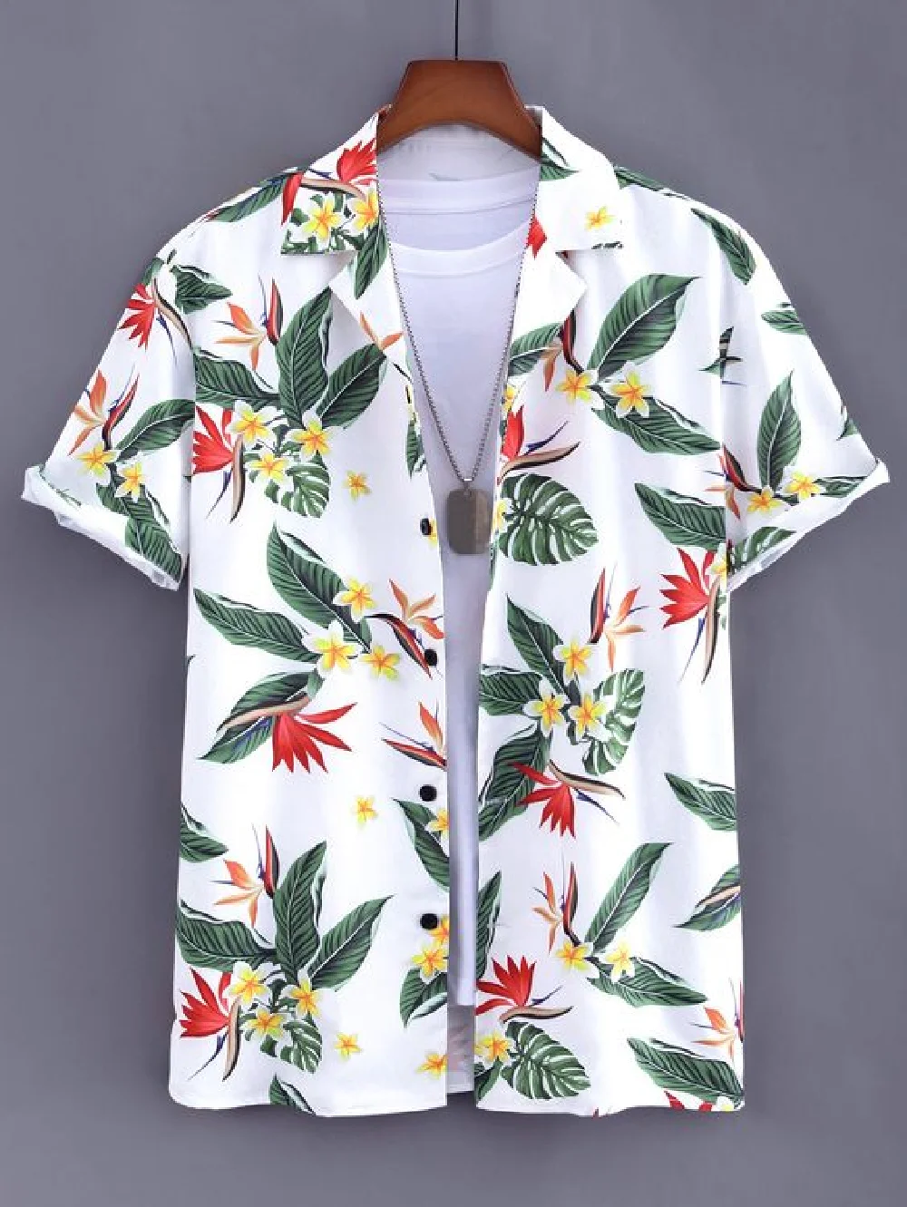 Hawaiian style men\'s short sleeved shirt with plant print pattern short sleeved lapel fashionable casual shirt top