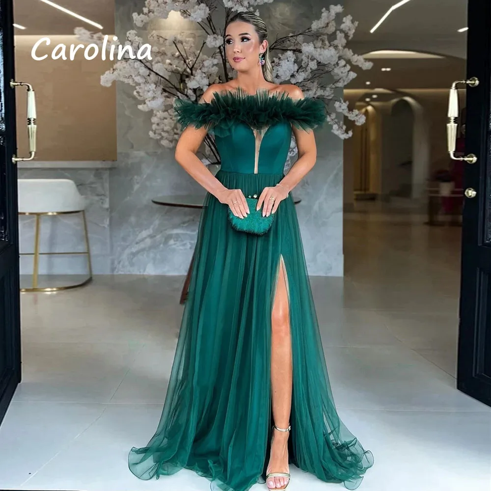 

Carolina Green Off The Shoulder Tulle A-LINE Prom dress 2024 Slim Backless Short Sleeve Ankle-Length Formal Evening Dress