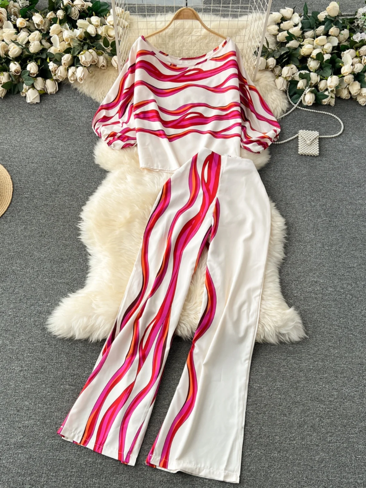 Salt Series Fashion Set High Waist Wide Leg Pants Printed Top Women's Elegant Style Two-Piece Suit Loose Fit Anti-Aging