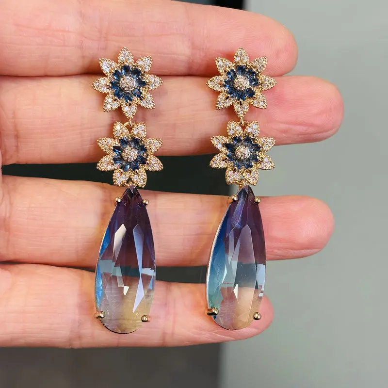 Bilincolor Fashion Flower Blue Cubic Zircon Long Big Drop Earring for Women Wedding Bridal Jewelry Gift