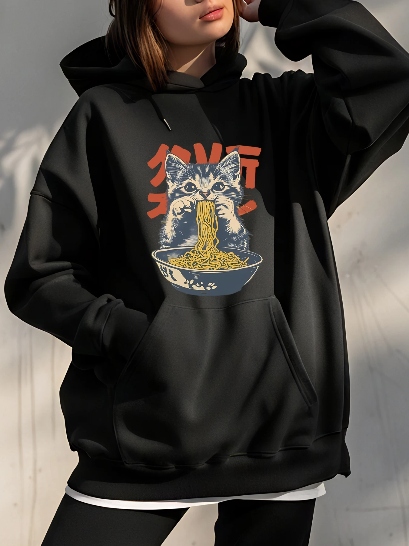 

Cute Cat Eating Noodles Print Hoodie Unisex Casual Streetwear Sweatshirt for Women and Men