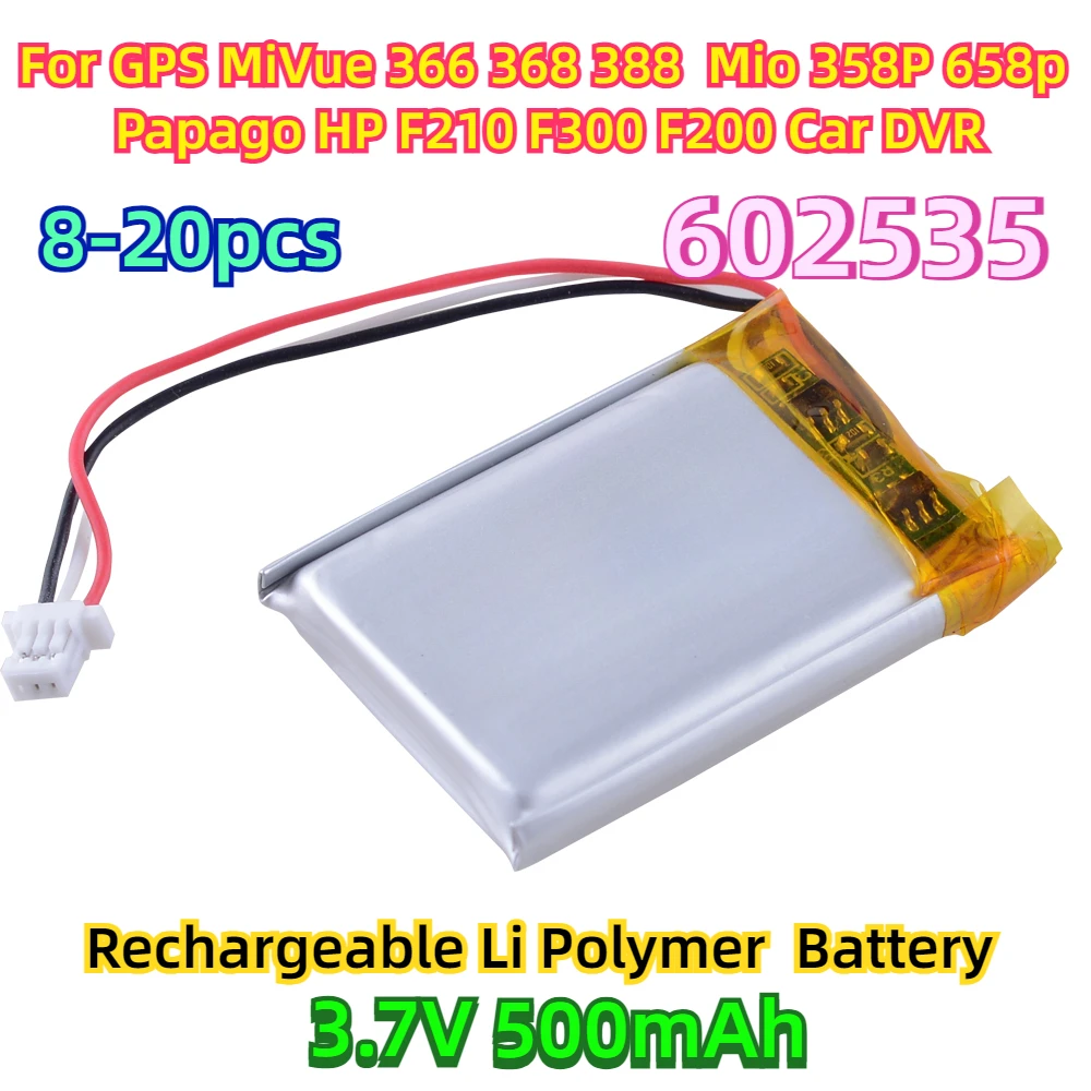 For GPS MiVue 366 368 388  Mio 358P 658p Papago HP F210 F300 F200 Car DVR 3.7V 500mAh 602535 Rechargeable Li Polymer  Battery