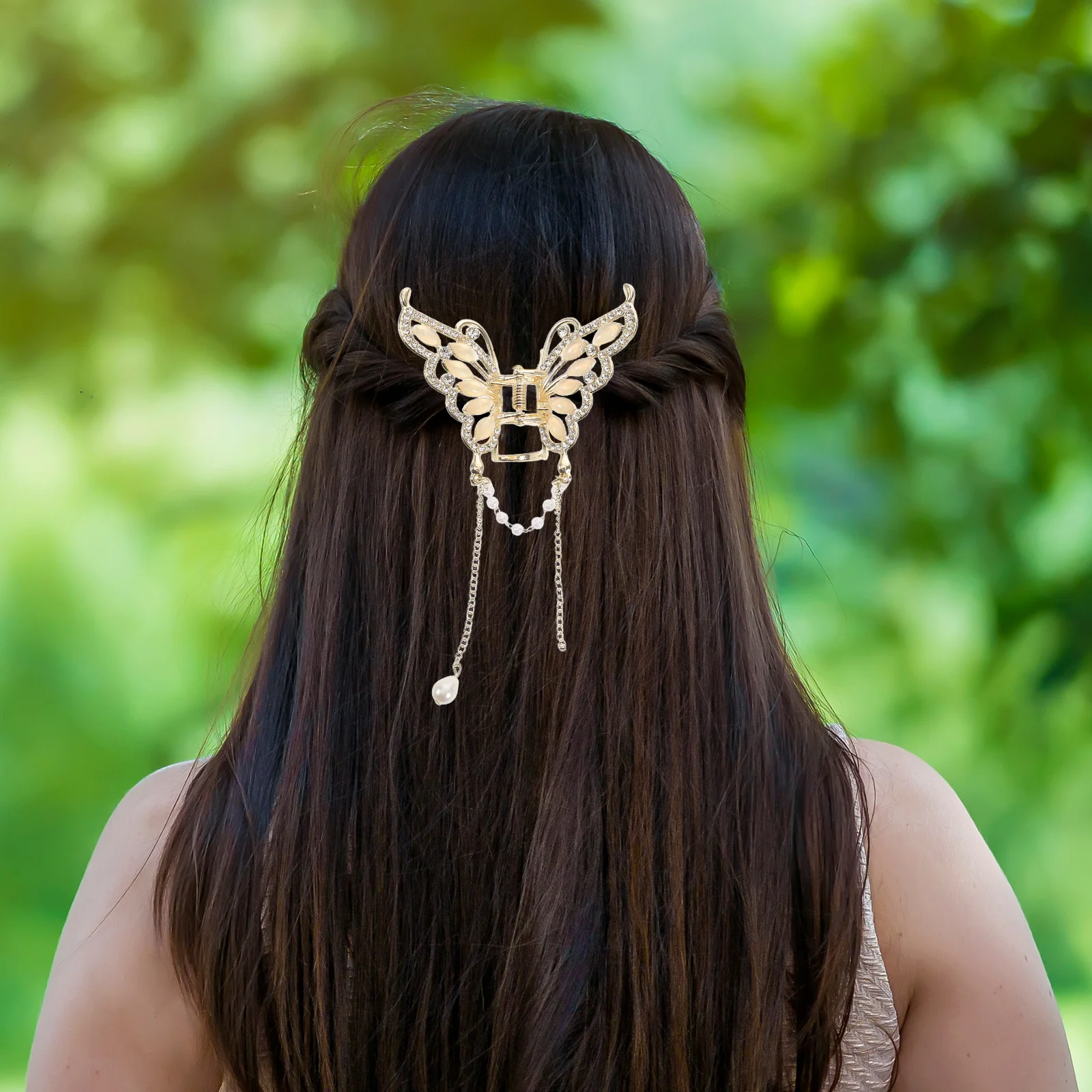 

Butterfly Metal Hair Clip with Cat Eye Stone Pendant Elegant Hairpin for Women Half Tied Hairstyle Fancy Accessories