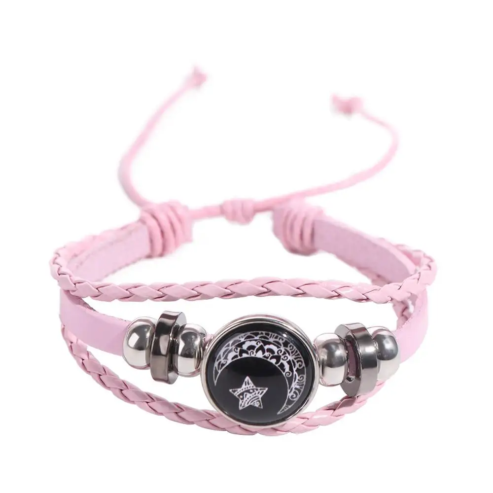 Pulseira de Casal de Três Camadas da Moda, Luminosa, Ajustável, com Contas Trançadas, Bracelete Sol e Lua de Couro para Uso Diário