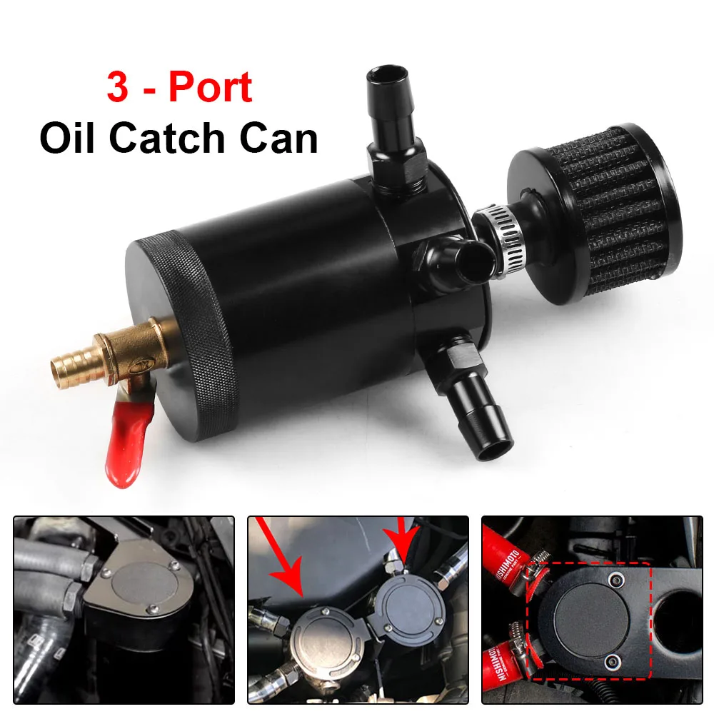 Universal Aluminum 3-port Oil Catch Can Tank with Breather Filter Engine Mini Oil Separator