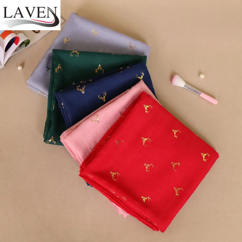 Japanese Korean Sweet Gold Foil Deer Cotton Linen Scarf for Women, Fresh Chiffon Autumn Warm BS486