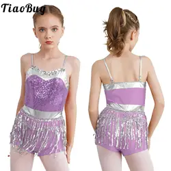 Ragazze Shiny paillettes nappa latino Jazz Dance Boyshorts tuta Costume per bambini Cha-cha Samba Stage Performance Fringe Dress