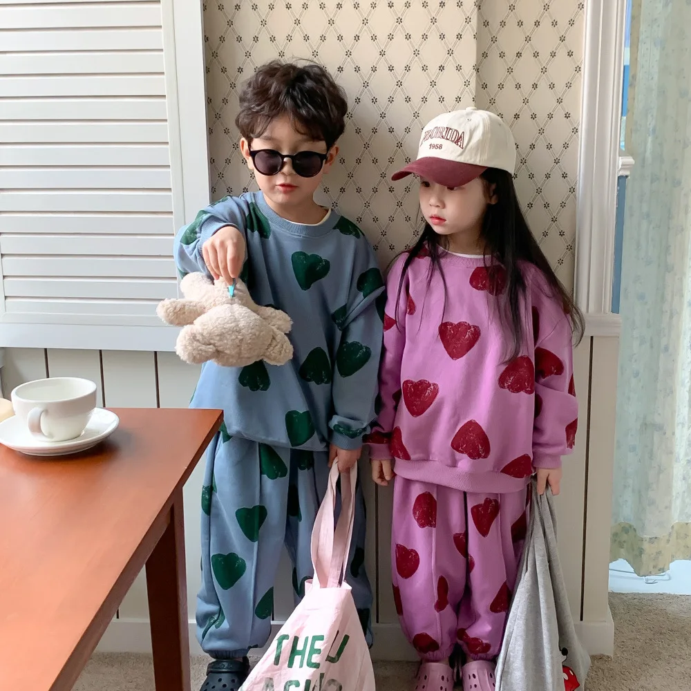 2024 Korean Spring Autumn Children Sibling Look Clothes Set Printed Love Jooger Suit Pullover Stretch Loose Toddler Outfits