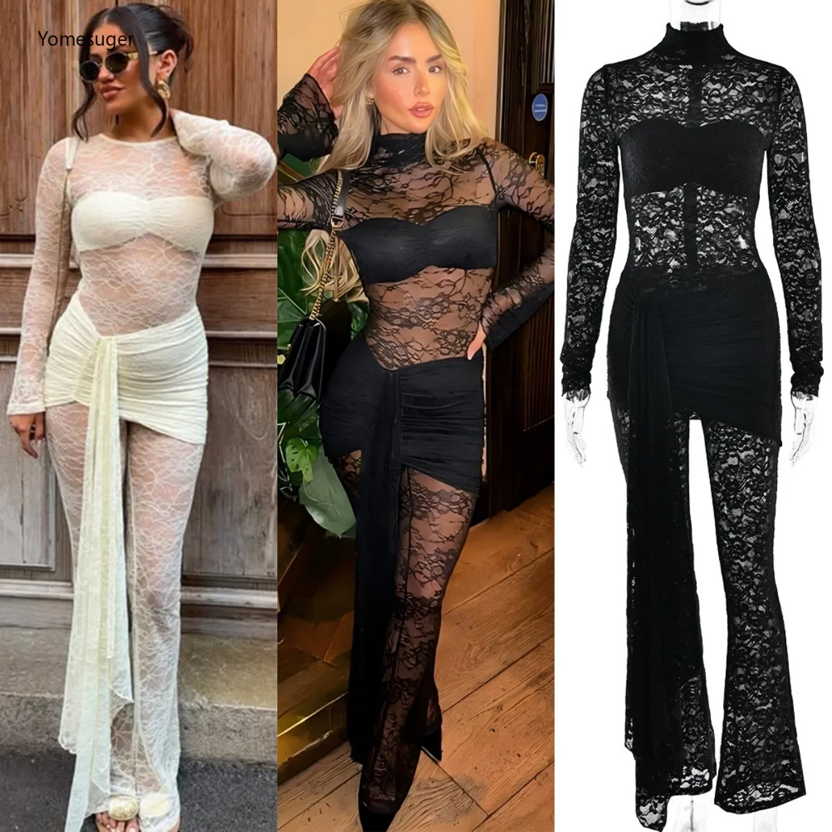 

Yomesugar Sexy Lace Sheer Jumpsuits Women's Half High Collar Full Sleeve Ribbons Bodycon Rompers Spring Midnight Party Clubwear