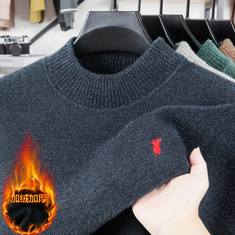 

2025 New Autumn and Winter Solid Color Integrated Velvet Semi High Neck Sweater Men's Thick Warm Top Winter Clothing