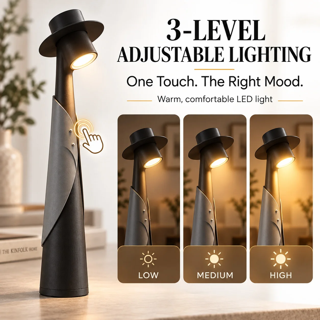 モダンなデザインのledテーブルランプ。usb-c充電式で、タッチコントロールにより3段階の明るさ調整が可能。コードレスで、寝室や書斎での使用に最適なナイトライト。