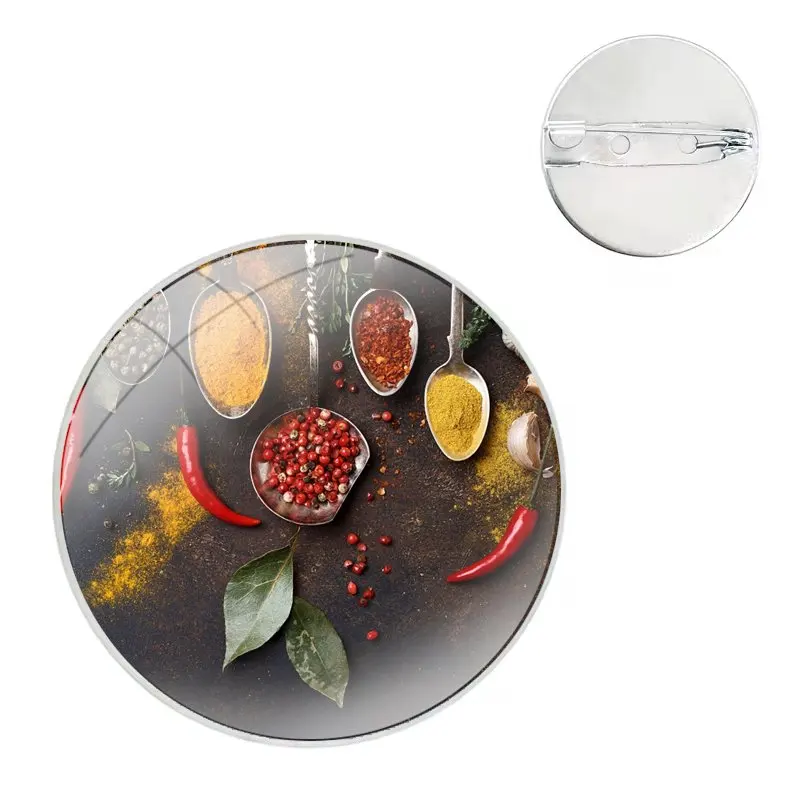 Spices Seasoning Cooking Chef Glass Dome Brooches Badge Pins For Clothes Hat Shirt Lapel Bag