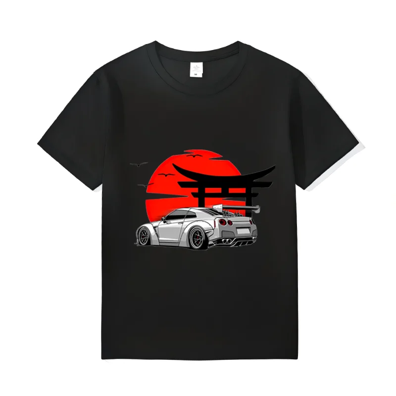 Men's JDM GTR Sports Car T-shirt, Japanese Torii Gate Sunset Graphic Casual Short Sleeve Streetwear Tee for Men WX061