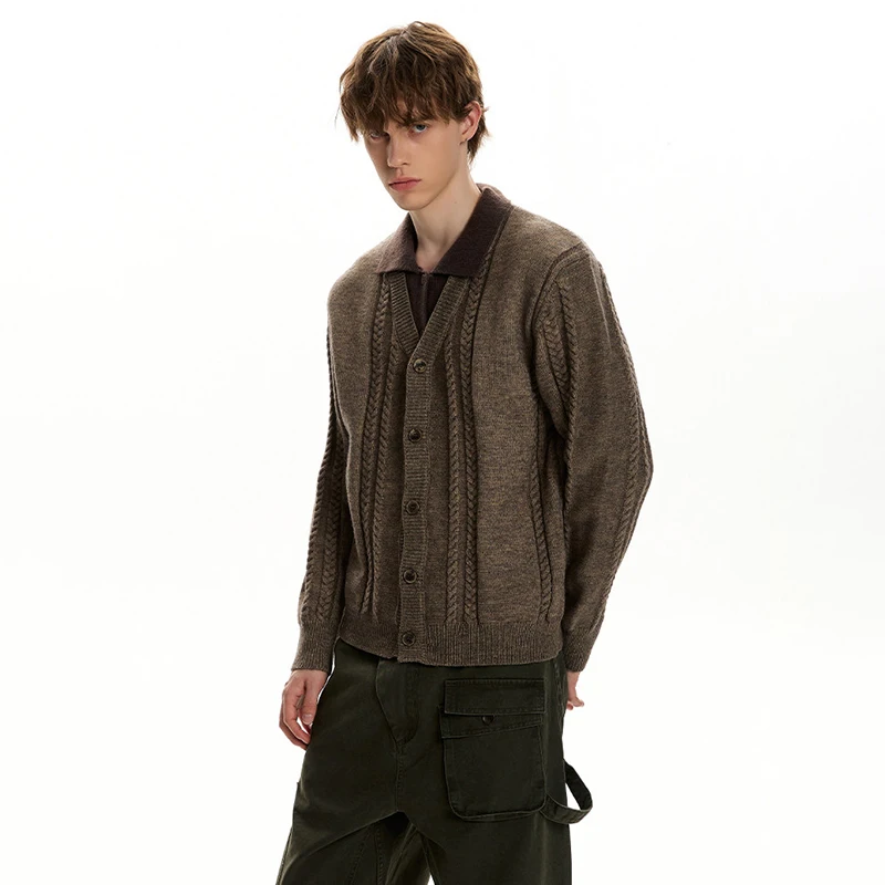 LUZHEN 2026 New Weave Embossed Pattern Polo Neck Knitted Cardigan Men's Elegant Temperament High Quality Casual Sweater JY9275
