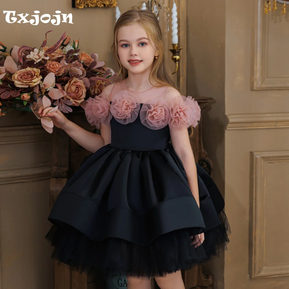Princess Style 3D Flower Homecoming Girls Dress, Off-the-shoulder Mesh Birthdy Party Dress for Girls, Flower Girl Wedding Dress