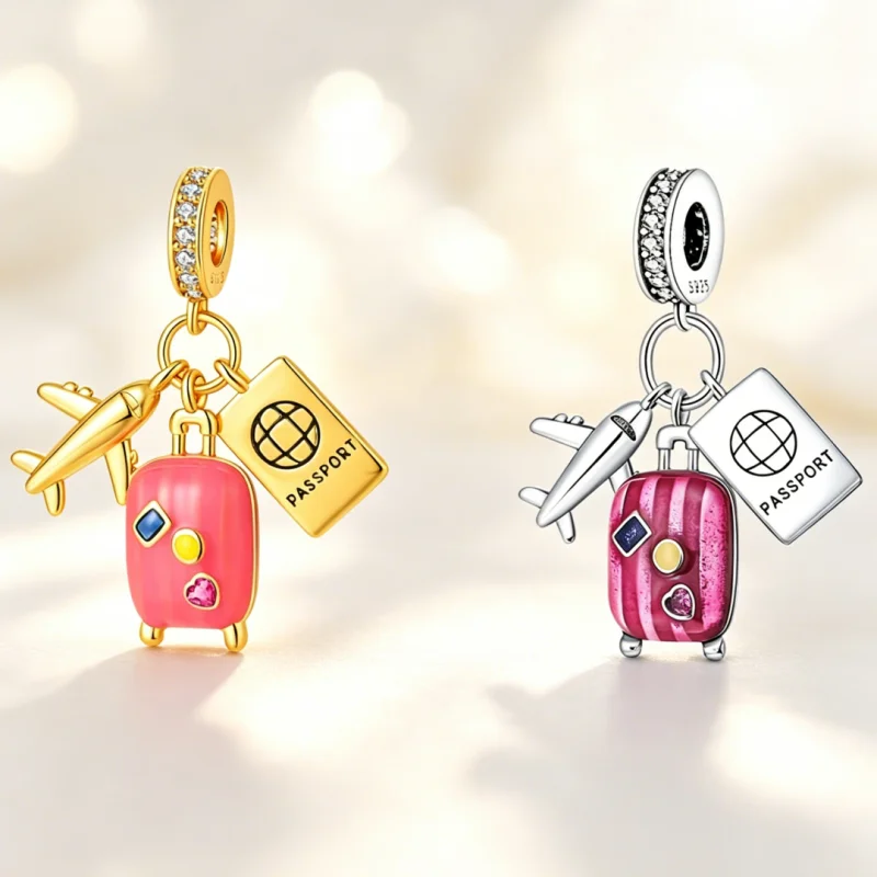 

925 Sterling Silver Golden Suitcase Airplane Passport Charms Pendant For Women Fit Original Bracelet DIY Birthday Jewelry Gifts