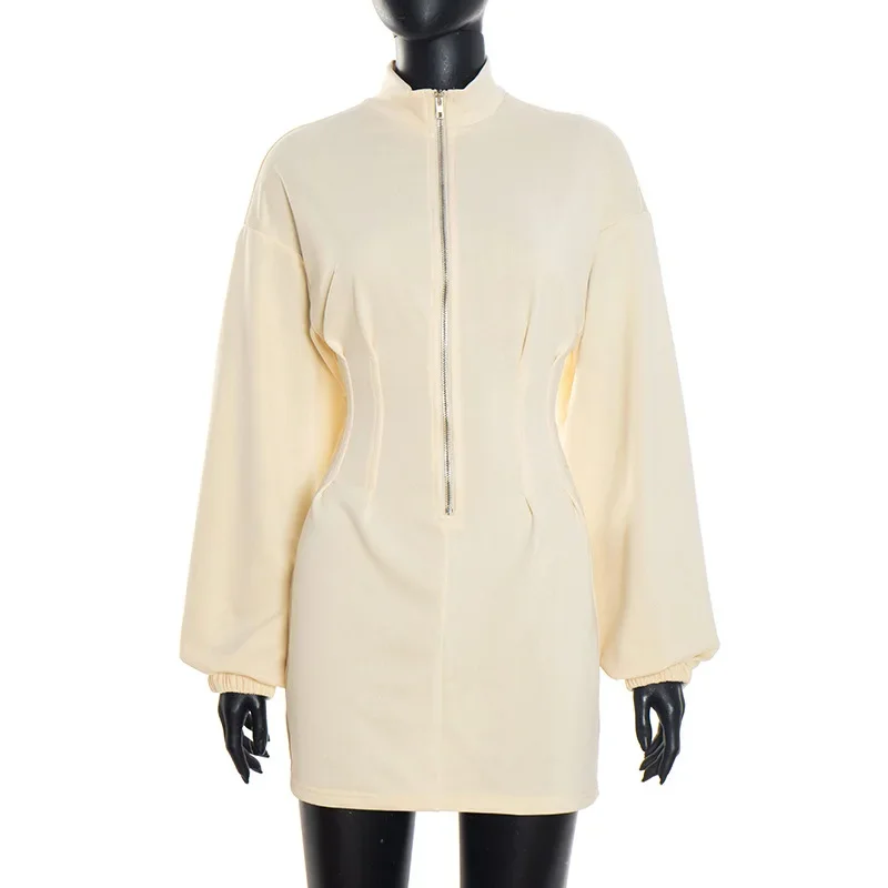 Chaxiaoa Long Sleeve Zipper Mini Dresses Women Vestidos 2025 Autumn Winter New Stand Collar Waisted Bodycon Dress Black Beige