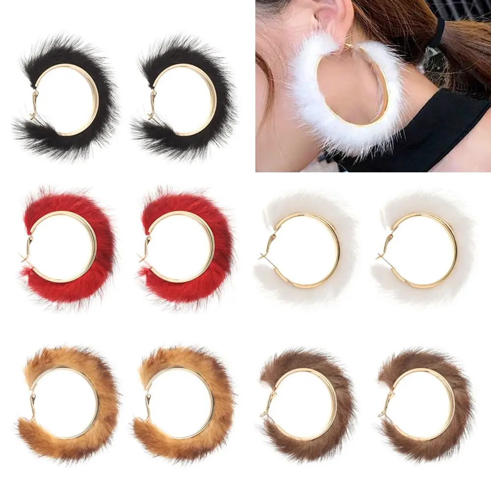 1 Pair Gifts Temperament Christmas Exaggerated Plush Jewelry Warm Fur Hoop Big Circle Earrings Round Hairy Earring