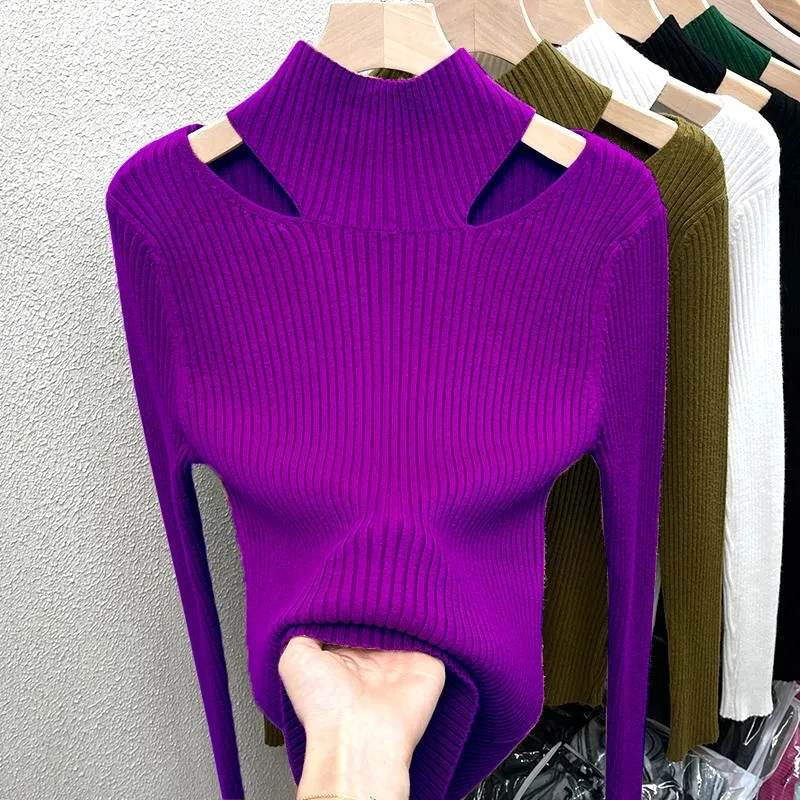 New 2025 Autumn/Winter Half-high Collar Unique Hollow Out Women's Pullover Sweater Appear Thin Leisure Ladies Bottoming Top