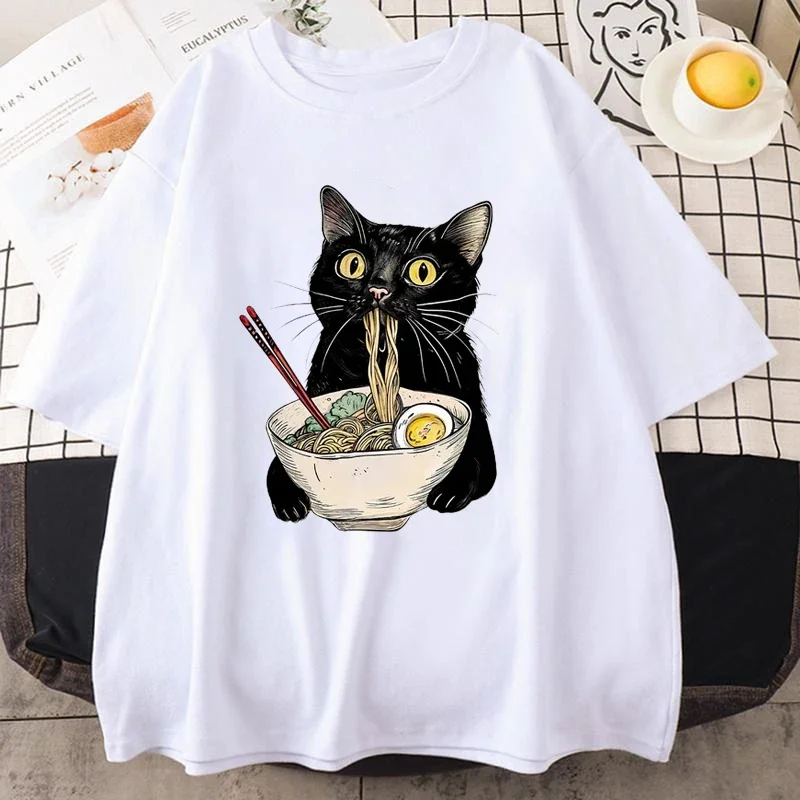 Noodle Ramen Cat T-Shirt Foodie Lover T Shirts Black Cat Noodle T-Shirts Retro Casual Short Sleeve Tshirt for Men Women Clothes