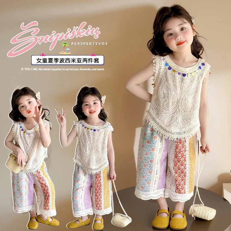 

Baby Girls Sets Bohemian Style Spliced Lace Sleeveless Vest and Pants and Bug 2026 Spring Summer Vocation 2-9y Kids 3 Piece Set
