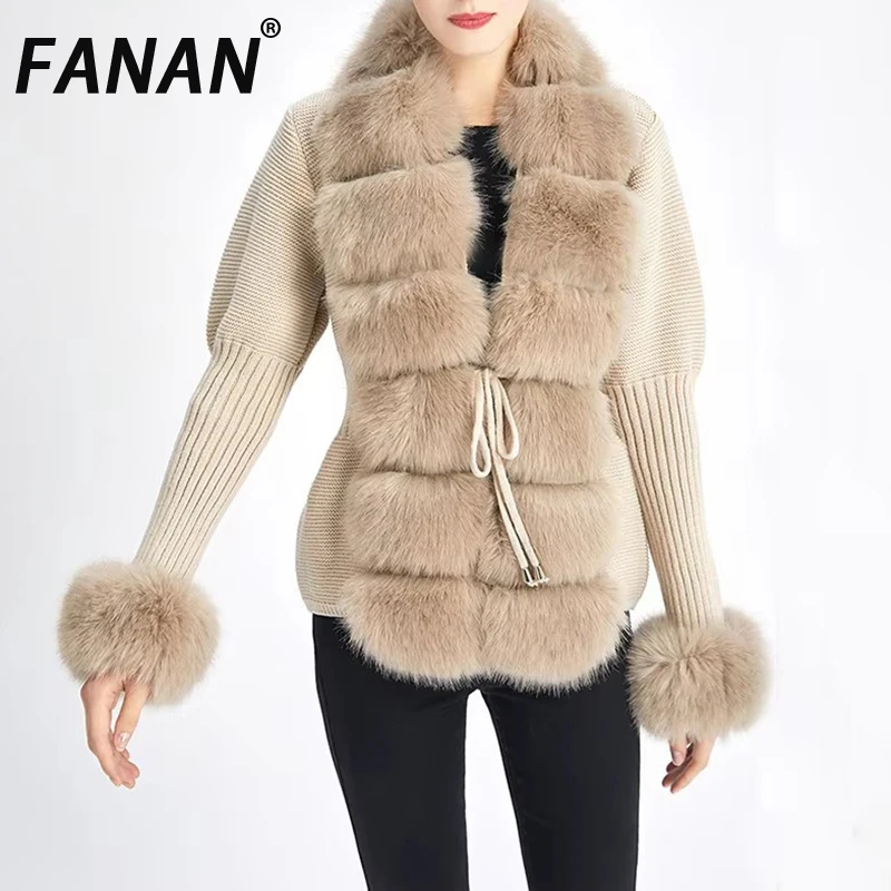 

FANAN Fall Winter Women Faux Fur Coat Luxury Knitted Sweater Fur Cardigan Detachable Collar White Pink Jacket Faux Fur Coats