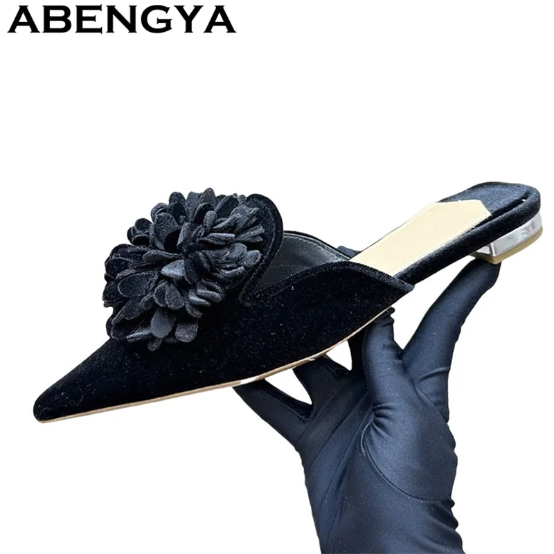 

ABENGYA Velvet Pointy Toe Flat Slippers Women Hairball Decoration Shallow Mouth Mules Shoes Woman Summer Sexy Party Shoes Mujer