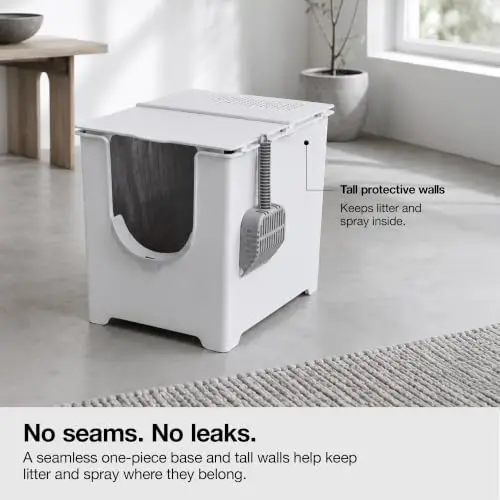 Flip Covered Front Entry Cat Litter Box, White | Front-entry design with a flip-top lid, seamless base and reusable
