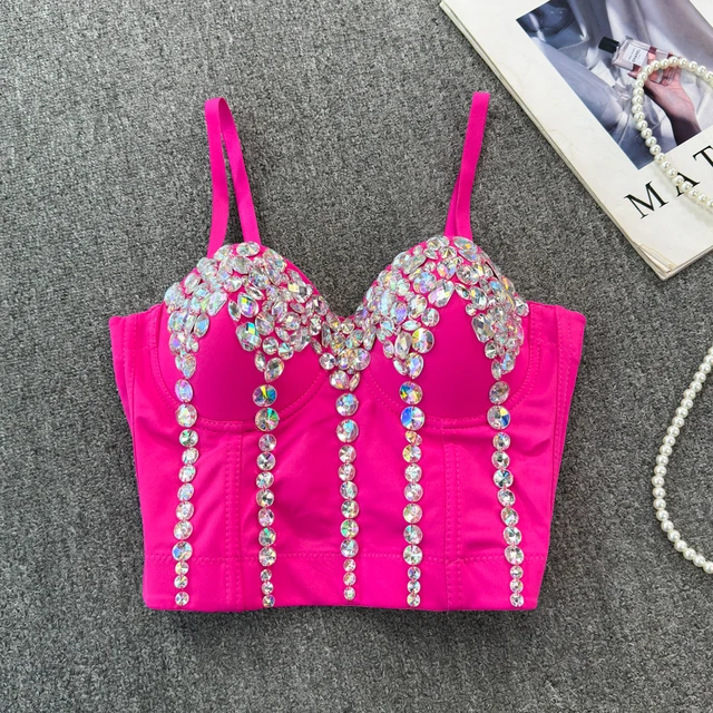 Kobiety Chic vintage rhinestone Camis Slim Sexy Fashion Z nakładkami na klatkę piersiową Letnie słodkie topy Kobiety Beach Crop Top