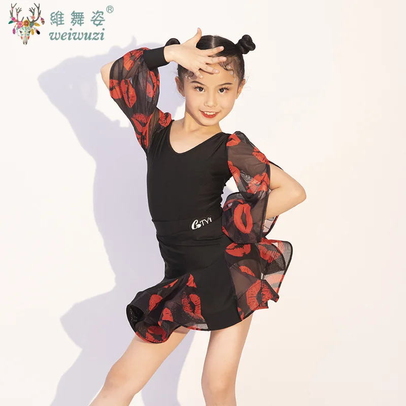 

Платье для латинских танцев, бальных танцев, танго, румбы, детская тренировочная одежда для девочек, детские тренировочные платья для самбы с длинными рукавами, костюм для выступлений