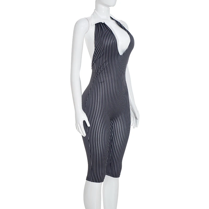 Sexy, tief ausgeschnittener, ärmelloser, rückenfreier, gestreifter, schmal geschnittener, siebenteiliger Jumpsuit – Detail 8