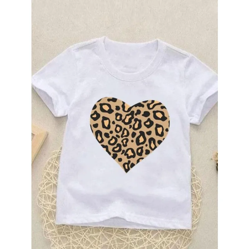 Leopard Love Heart Cute NewKids Tees Tops Short Sleeve Fashion O-neck Girls Boys Summer Cartoon Outfits T-shirts Children Clothe