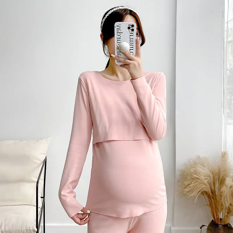 Postpartum woman lactation pajamas set autumn nursing leisurewear cartoon pregnant maternity breastfeeding tops long trousers