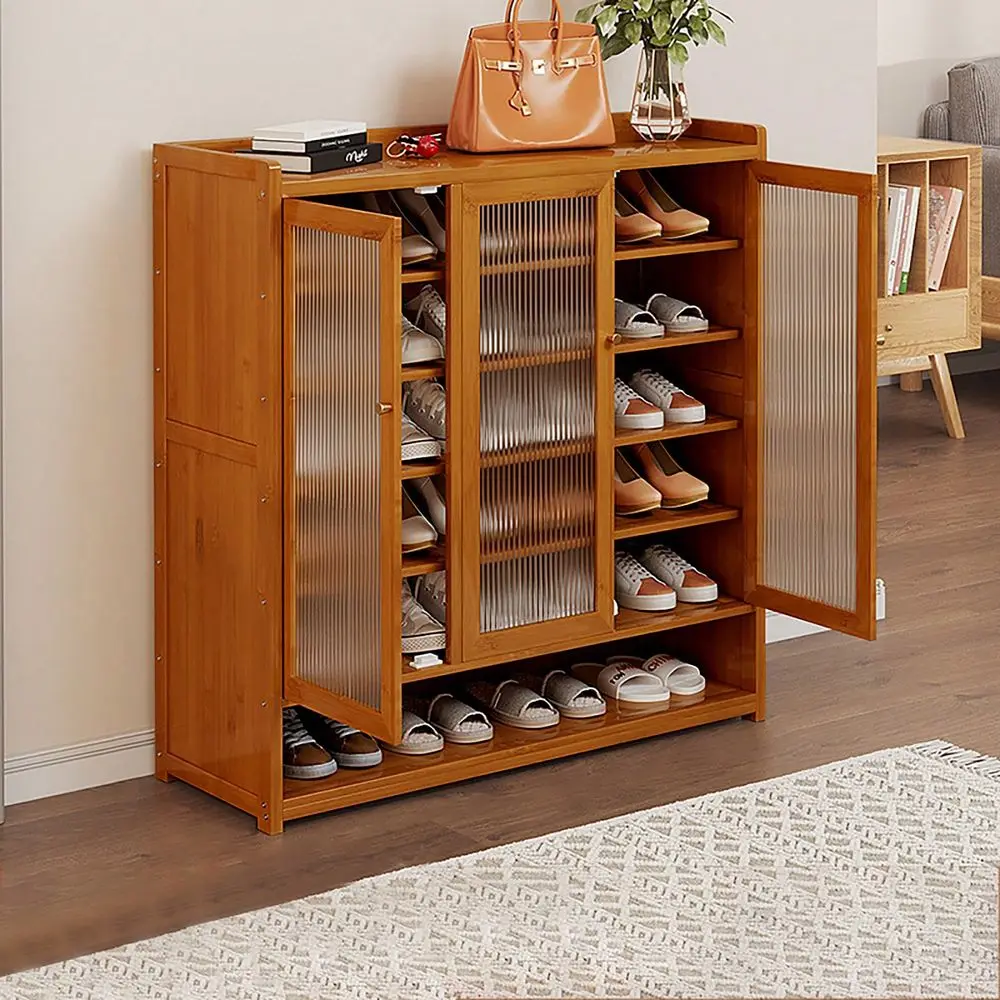 Shoe Storage Cabinet Wood Grain Bamboo Shoe Console With Doors, Entryway Hidden Shoe Shelving ,Free Standing Shoe Organizer