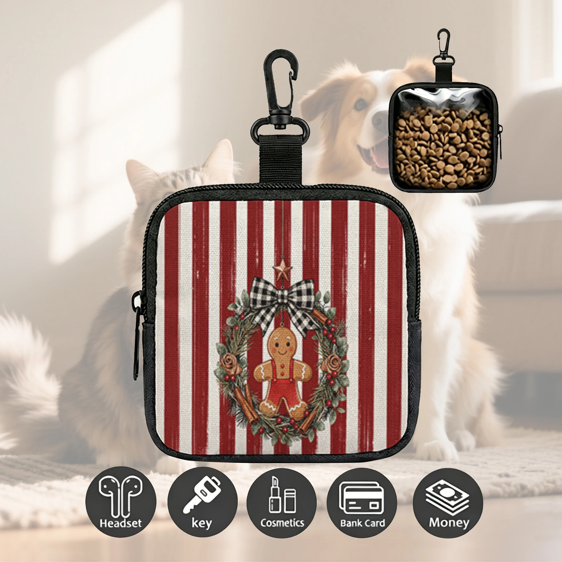Christmas Gingerbread Man Wreath Stripe Print Pet Treat Bag Mini Zipper Pouch With Carabiner, Portable Dog Snack Pouch