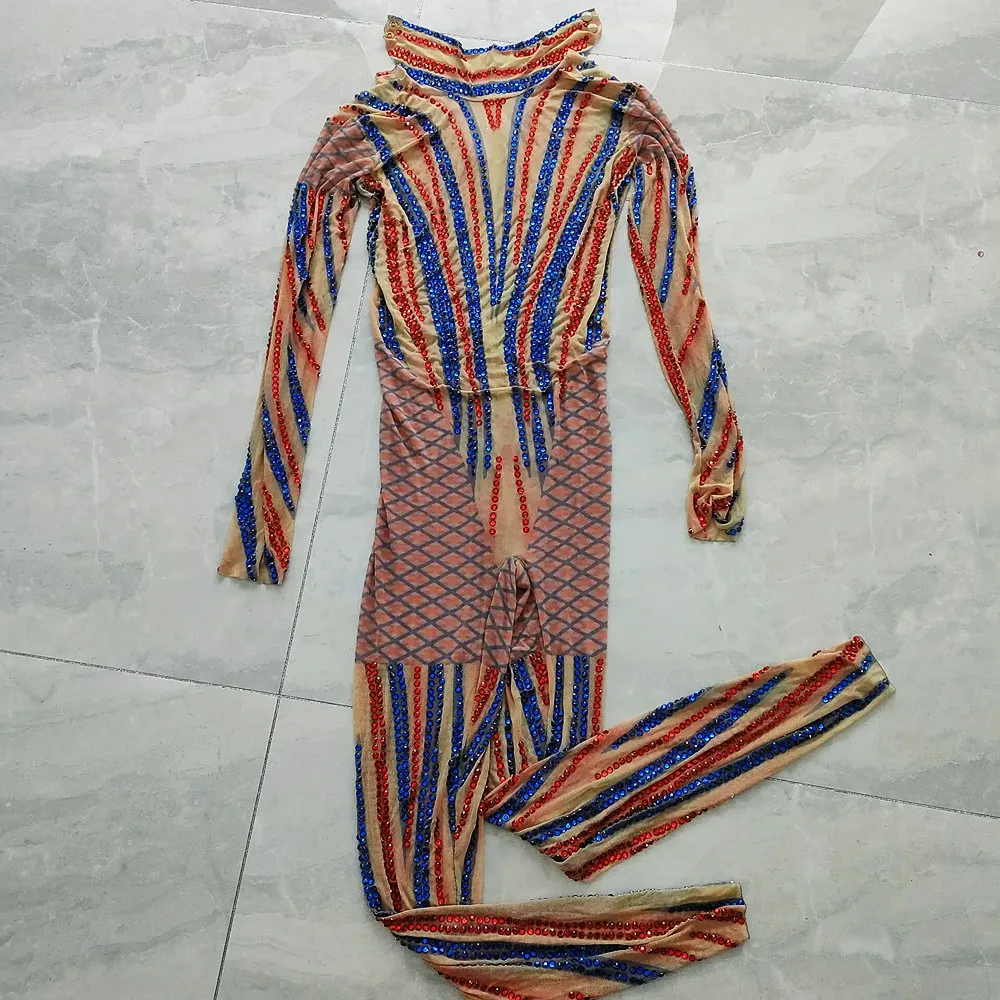 Sparkly Red Blue Rhinestones Mesh Jumpsuit Women Drag Queen Costume Nightclub Bar Sexy Stage Wear Singer Dancer Club Leotard