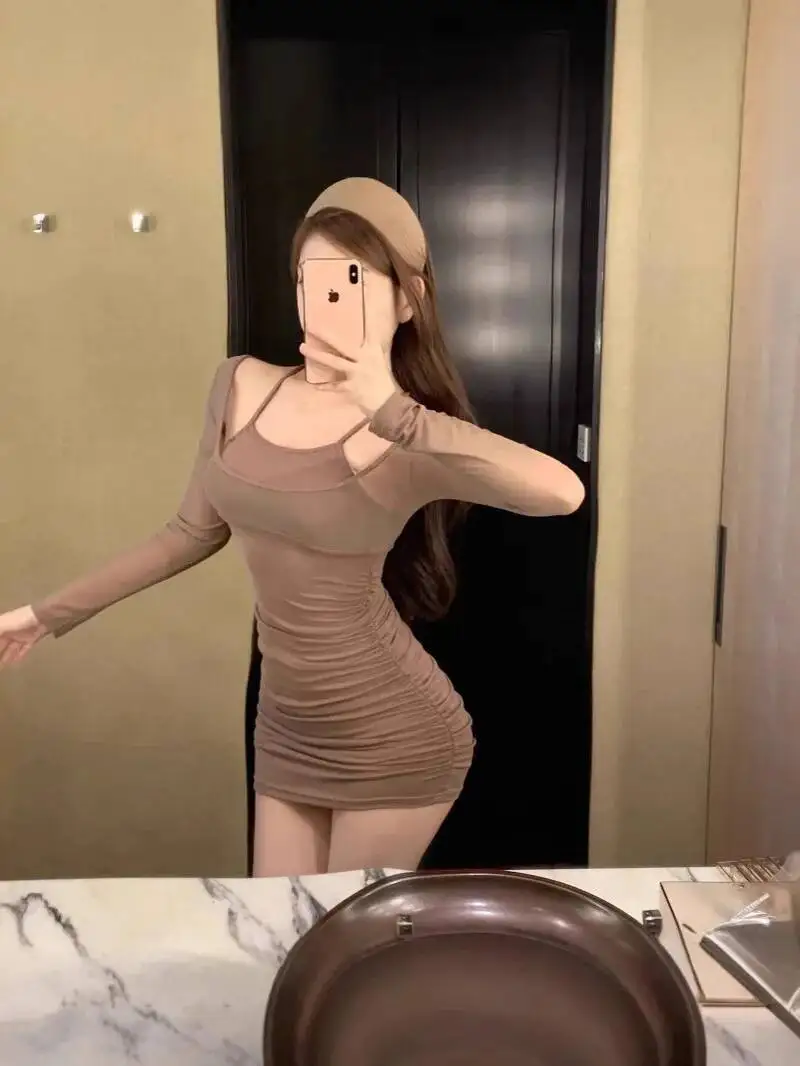 Design sentido falso dois puro desejo picante menina casual estilo esportivo sexy apertado encaixe elástico de manga comprida vestido fino elegante p622