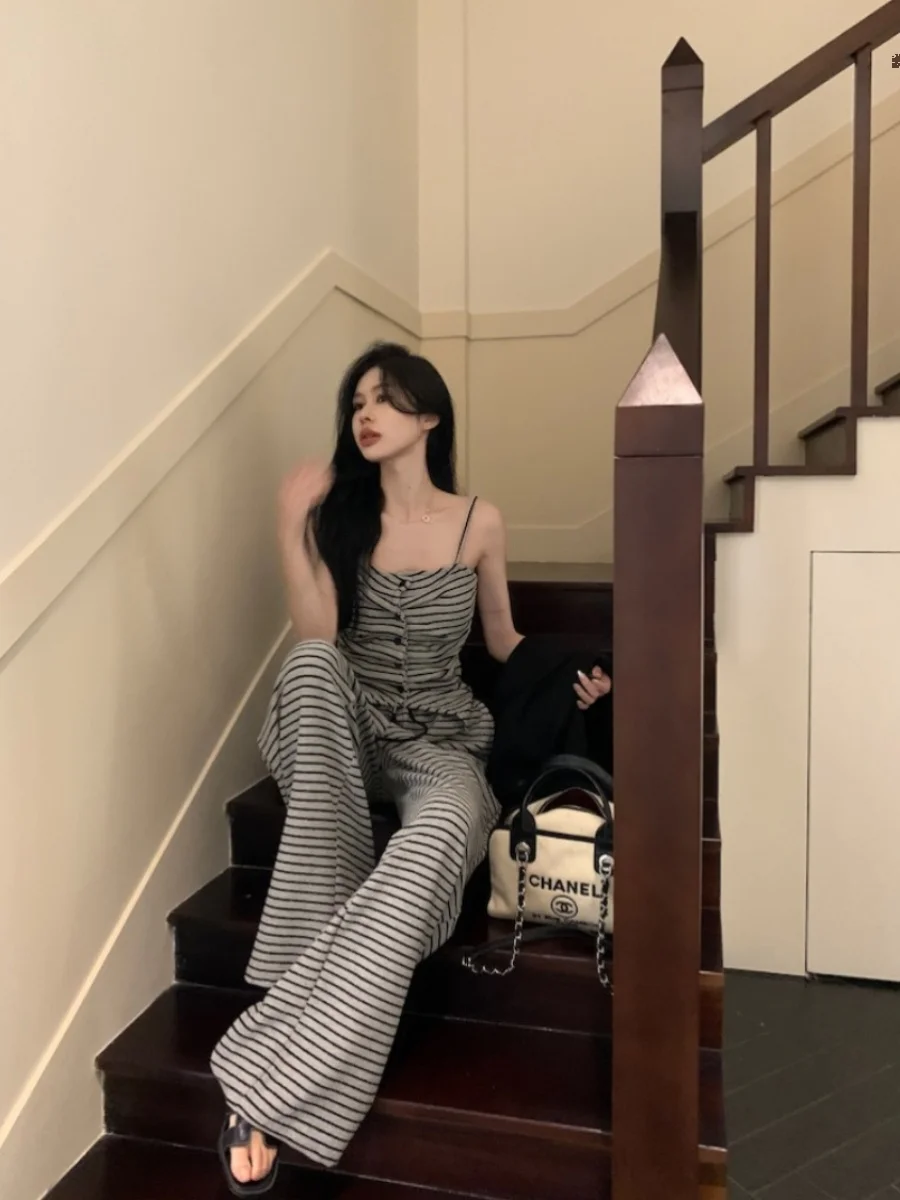 빈티지 스트라이프 정장 여성의 섹시한 탱크 탑 여름 하이 웨이스트 드로우 스트링 캐주얼 바지 루즈 피트 벨 보텀 2 피스 세트 