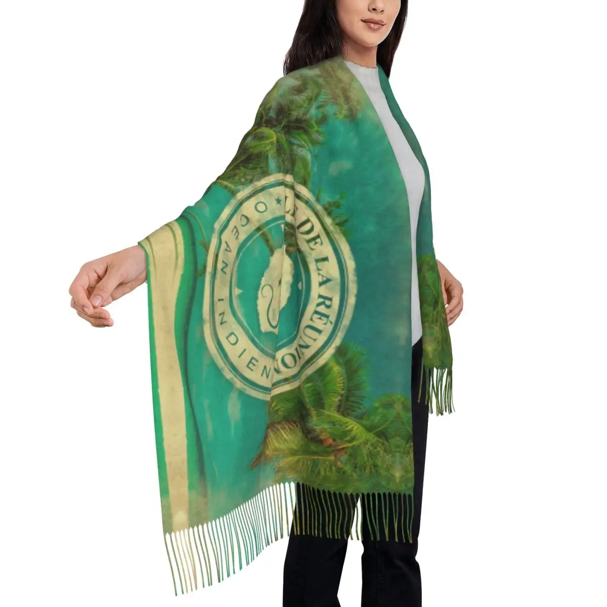 أوشحة نسائية كبيرة مخصصة من Ile De La Reunion 974 أوشحة نسائية للشتاء والخريف شال ناعم دافئ شرابة يلتف شاطئ المحيط الهندي #4